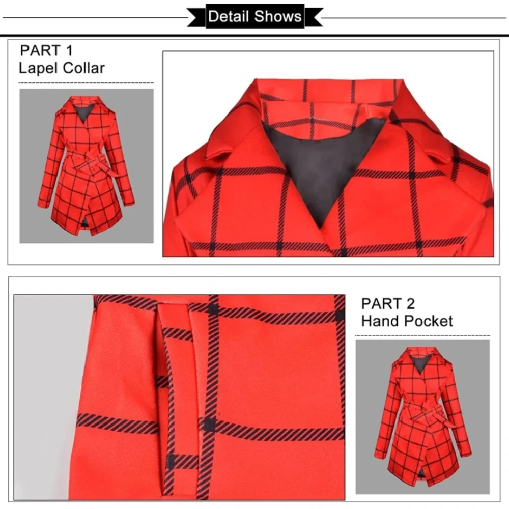 BLUE Trench Coat Women Turn Down Collar Wrap coat - Picture 3 of 4